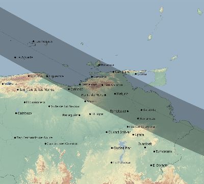 Map of the eclipse path across Venezuela on 10/27/2516