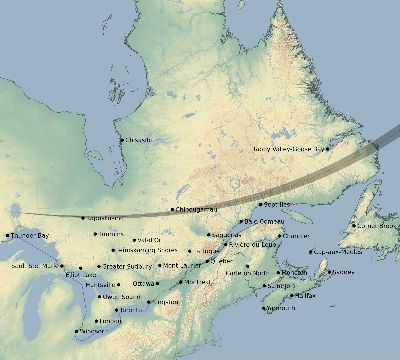 Map of the eclipse path across Canada on 03/12/2518
