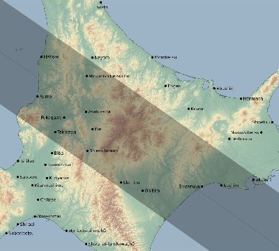 Map of the eclipse path across Japan on 08/14/2520