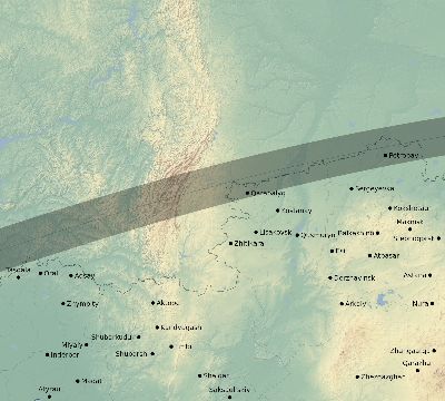 Map of the eclipse path across Kazakhstan on 08/14/2520