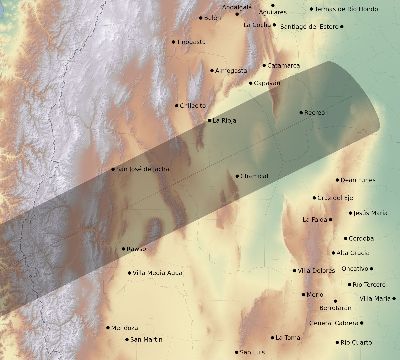 Map of the eclipse path across Argentina on 12/08/2523