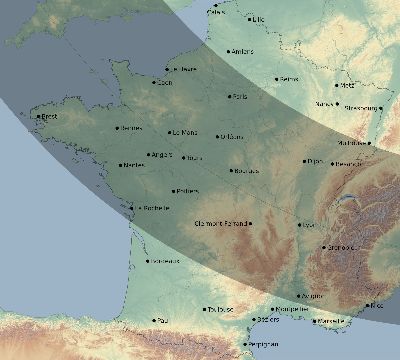 Map of the eclipse path across France on 10/18/2525