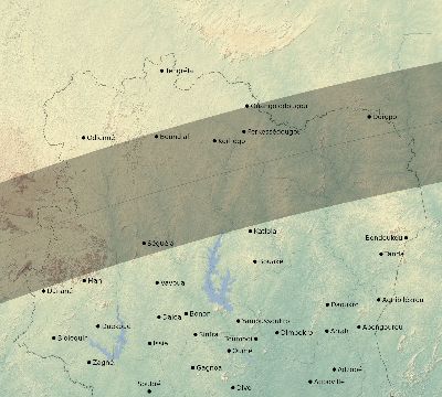 Map of the eclipse path across Côte d'Ivoire (Ivory Coast) on 04/13/2526