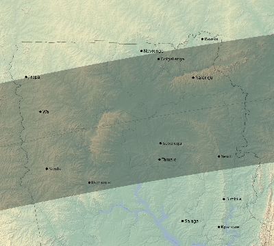 Map of the eclipse path across Ghana on 04/13/2526
