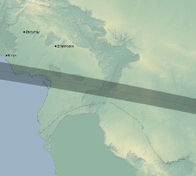 Map of the eclipse path across Kazakhstan on 10/07/2526