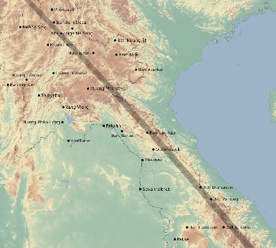 Map of the eclipse path across Laos on 10/07/2526