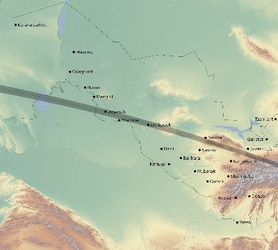 Map of the eclipse path across Uzbekistan on 10/07/2526