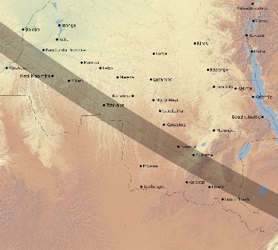 Map of the eclipse path across DR Congo on 07/25/2530