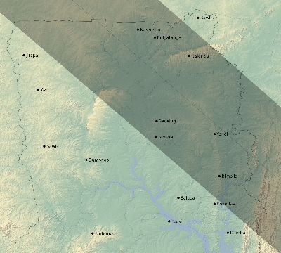 Map of the eclipse path across Ghana on 07/25/2530