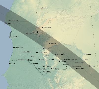 Map of the eclipse path across Mauritania on 07/25/2530