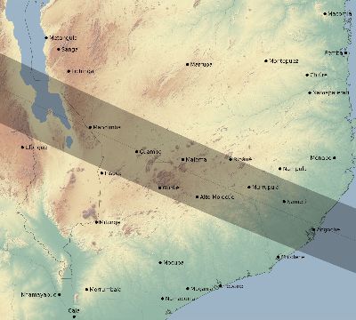 Map of the eclipse path across Mozambique on 07/25/2530