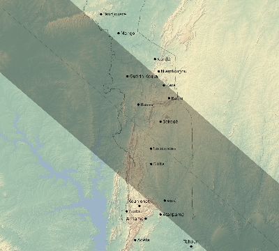 Map of the eclipse path across Togo on 07/25/2530