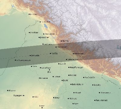 Map of the eclipse path across India on 03/12/2537