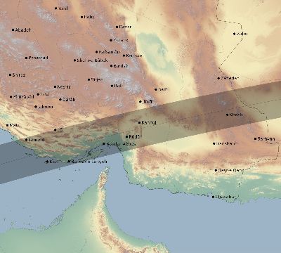 Map of the eclipse path across Iran on 03/12/2537