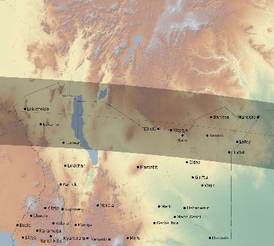Map of the eclipse path across Kenya on 09/05/2537