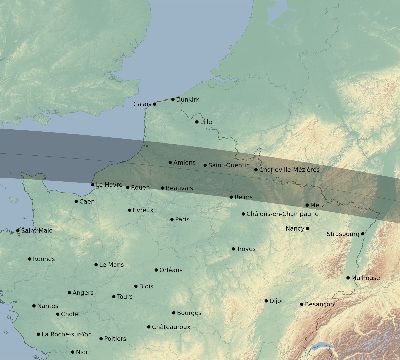 Map of the eclipse path across France on 08/25/2538