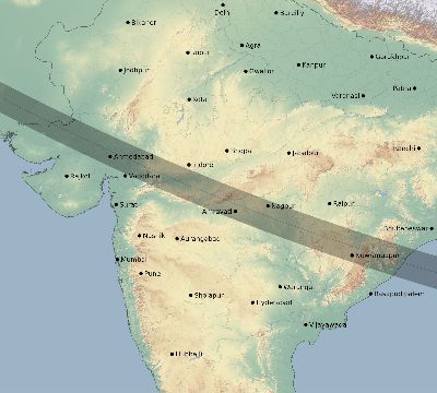 Map of the eclipse path across India on 08/25/2538