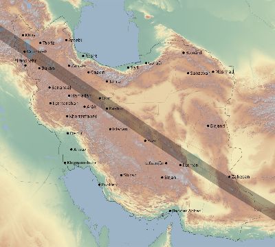 Map of the eclipse path across Iran on 08/25/2538