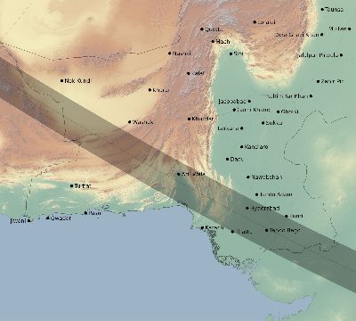 Map of the eclipse path across Pakistan on 08/25/2538