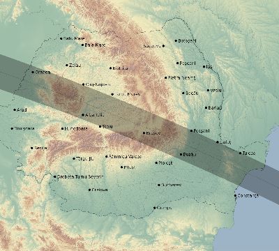 Map of the eclipse path across Romania on 08/25/2538