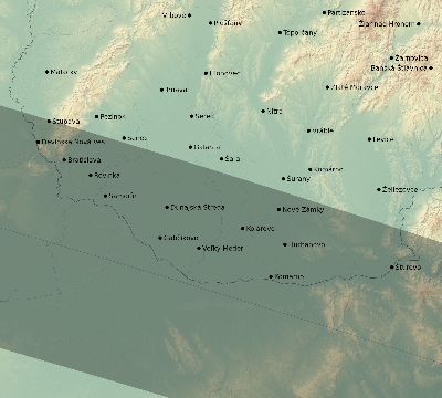 Map of the eclipse path across Slovakia on 08/25/2538