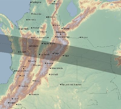 Map of the eclipse path across Colombia on 04/23/2544