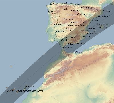 Map of the eclipse path across Spain on 01/30/2549