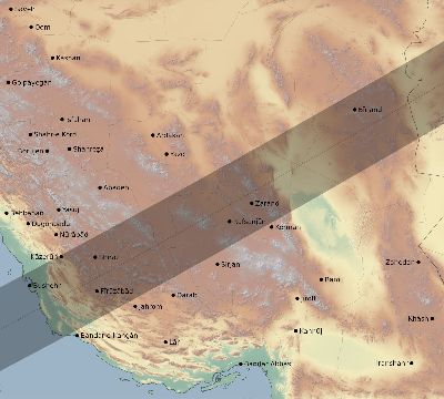 Map of the eclipse path across Iran on 06/05/2551