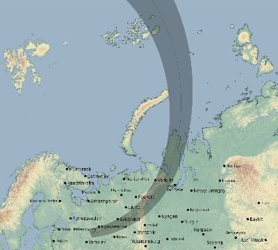 Map of the eclipse path across Russia on 04/03/2554