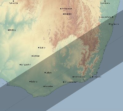 Map of the eclipse path across Madagascar on 03/12/2556