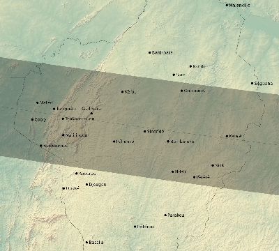 Map of the eclipse path across Benin on 09/05/2556