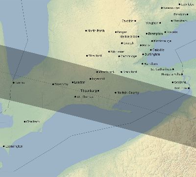 Map of the eclipse path across Canada on 09/05/2556
