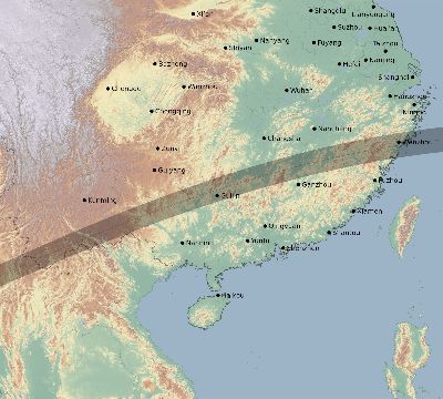 Map of the eclipse path across China on 07/06/2559