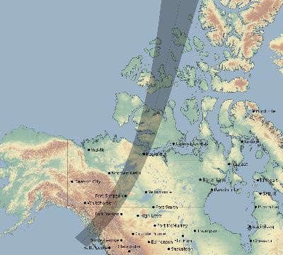 Map of the eclipse path across Canada on 06/25/2560