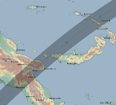 Map of the eclipse path across Papua New Guinea on 05/04/2562