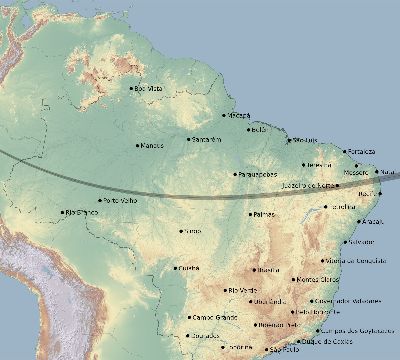 Map of the eclipse path across Brazil on 10/29/2562