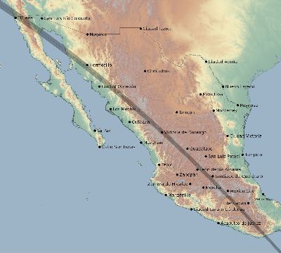 Map of the eclipse path across Mexico on 10/29/2562