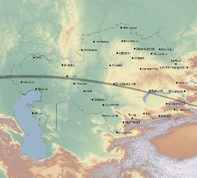 Map of the eclipse path across Kazakhstan on 04/24/2563