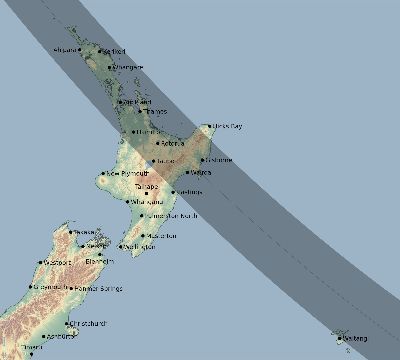 Map of the eclipse path across New Zealand on 10/18/2563
