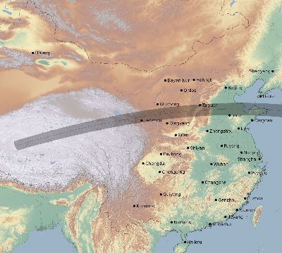 Map of the eclipse path across China on 08/16/2566