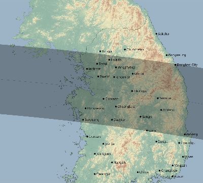 Map of the eclipse path across South Korea on 08/16/2566