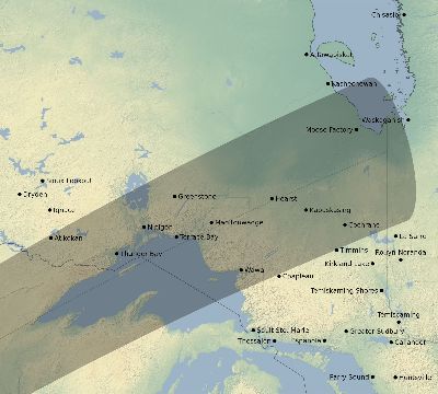 Map of the eclipse path across Canada on 02/10/2567