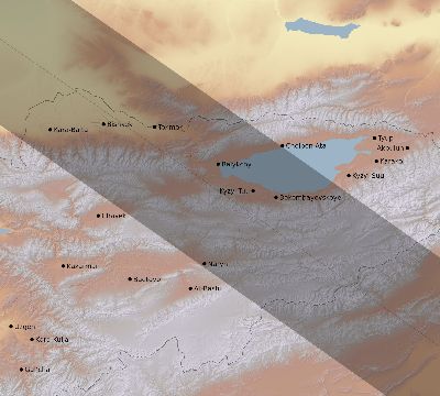 Map of the eclipse path across Kyrgyzstan on 06/15/2569
