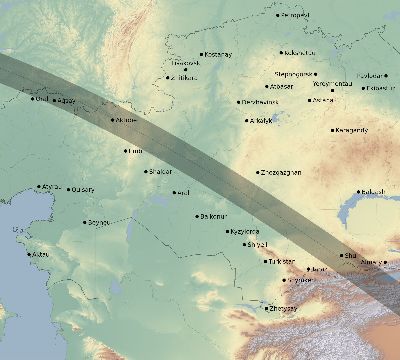 Map of the eclipse path across Kazakhstan on 06/15/2569