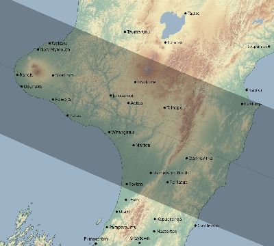 Map of the eclipse path across New Zealand on 12/09/2569