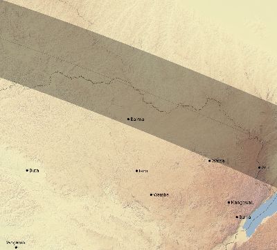 Map of the eclipse path across DR Congo on 06/05/2570