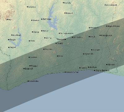 Map of the eclipse path across Côte d'Ivoire (Ivory Coast) on 06/05/2570