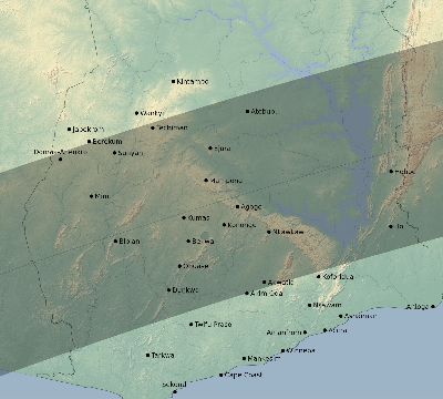 Map of the eclipse path across Ghana on 06/05/2570