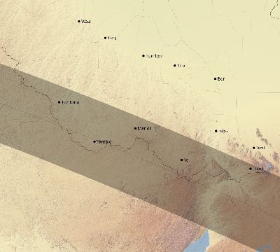 Map of the eclipse path across South Sudan on 06/05/2570