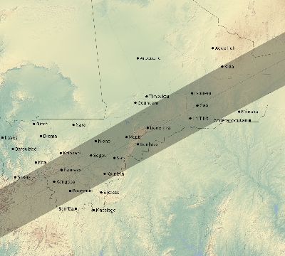 Map of the eclipse path across Mali on 01/20/2577
